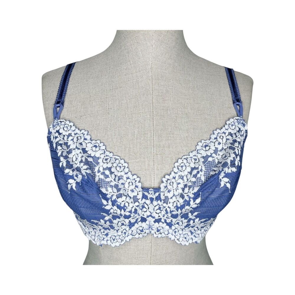 Wacoal Embrace Lace Underwire Bra sz 34D * Blue & White Floral Scallop Unlined